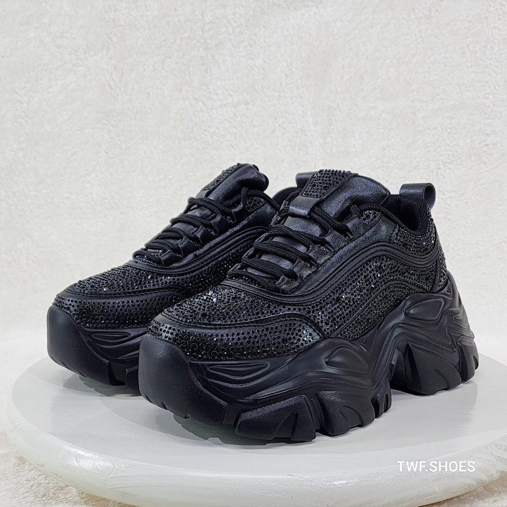 Cush Sport Rhinestone Comfy Platform Light Weight Sneakers Black
